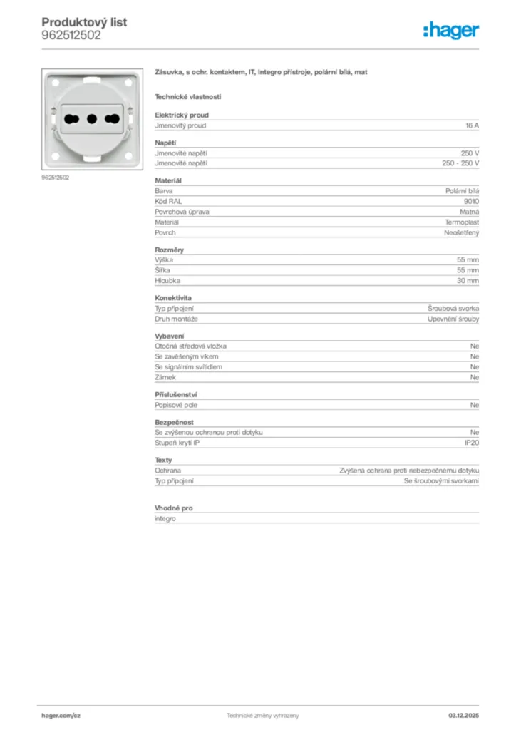 Obrázek Hager Product data sheet 962512502 | Hager