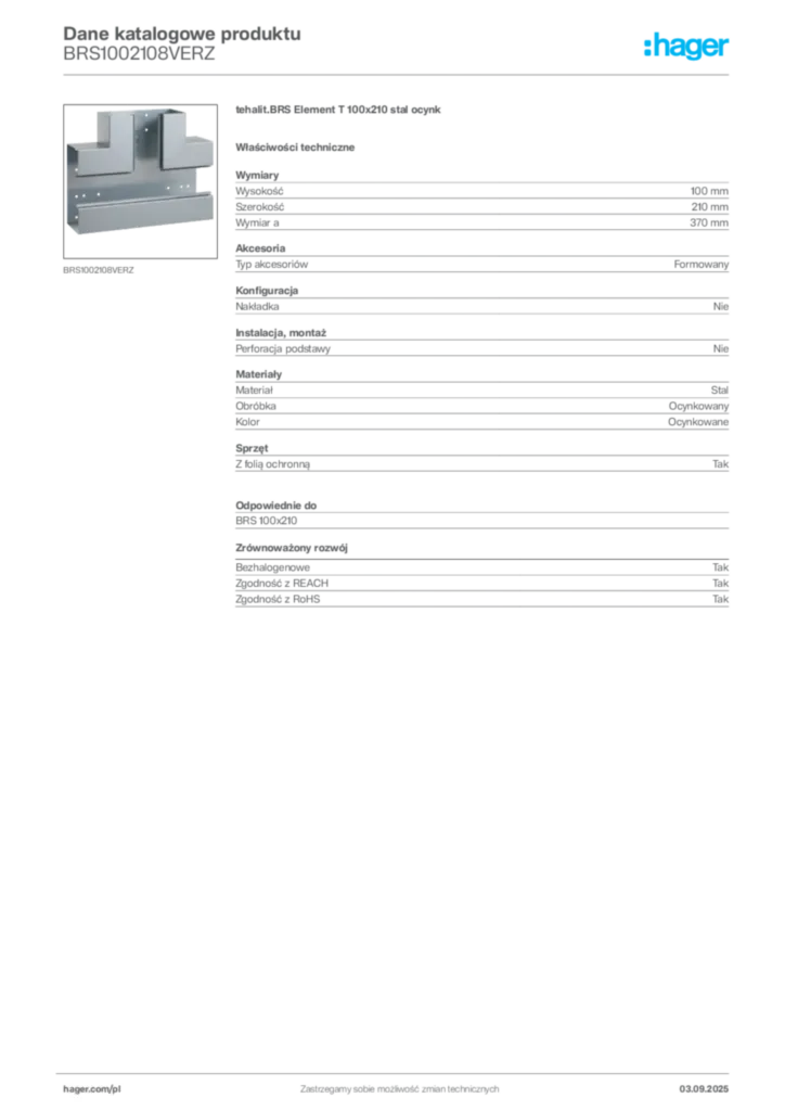 Zdjęcie Hager Dane katalogowe produktu BRS1002108VERZ | Hager Polska