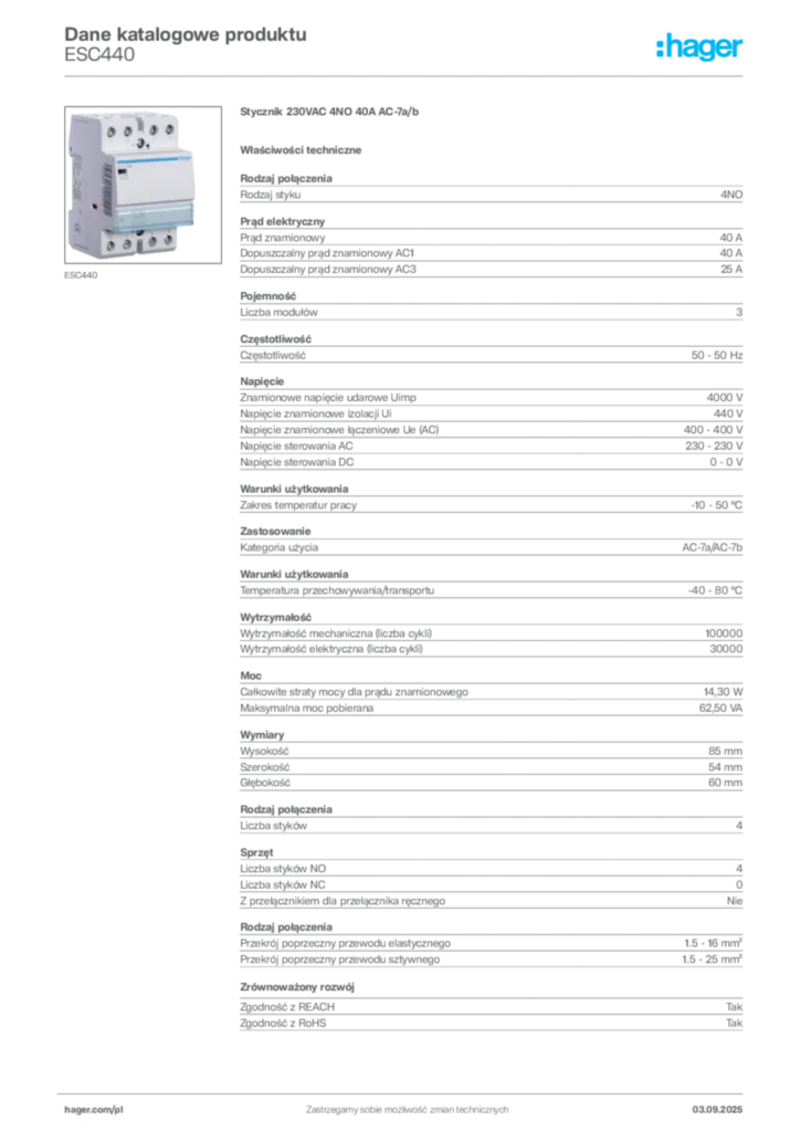 Zdjęcie Hager Dane katalogowe produktu ESC440 | Hager Polska
