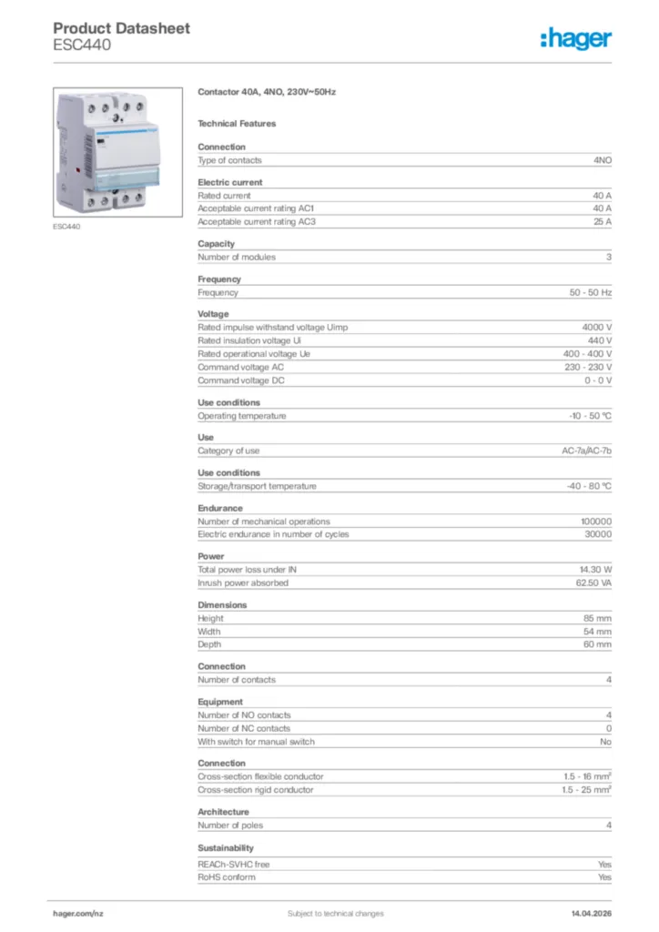 Image Hager Product data sheet ESC440  | Hager New Zealand