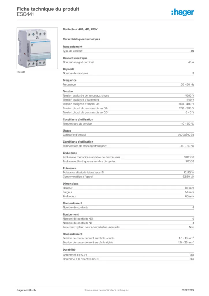 Image Hager Fiche technique du produit ESC441 | Hager Suisse