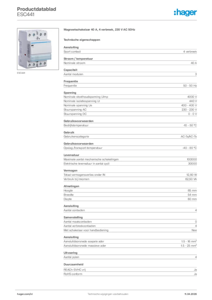 Afbeelding Hager Productdatablad ESC441 | Hager Nederland