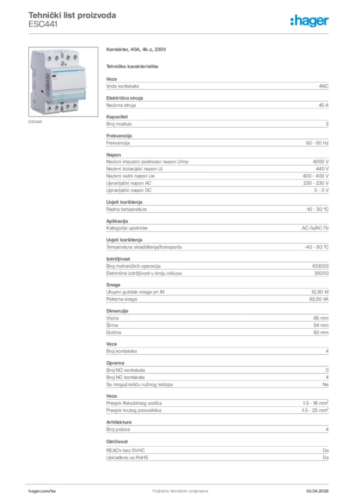 Slika Hager Tehnički list proizvoda ESC441  | Hager