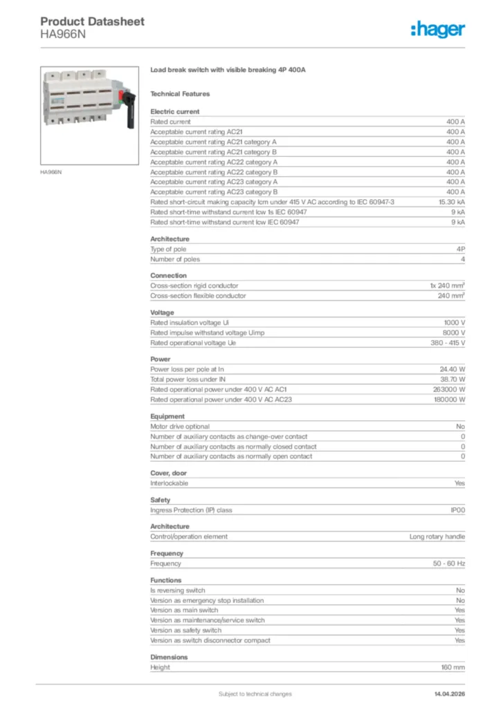 Image Hager Product data sheet HA966N  | Hager Africa