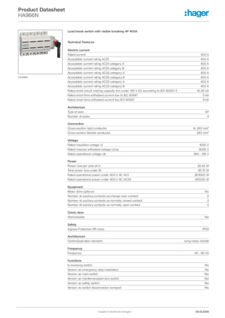 Image Hager Product data sheet HA966N  | Hager Africa