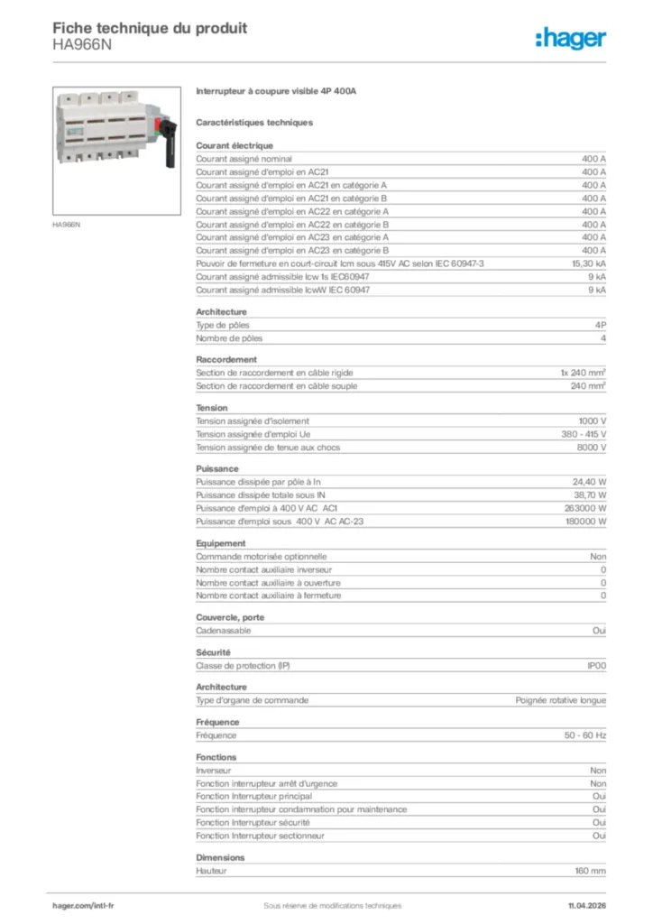 Image Hager Fiche technique du produit HA966N | Hager Afrique
