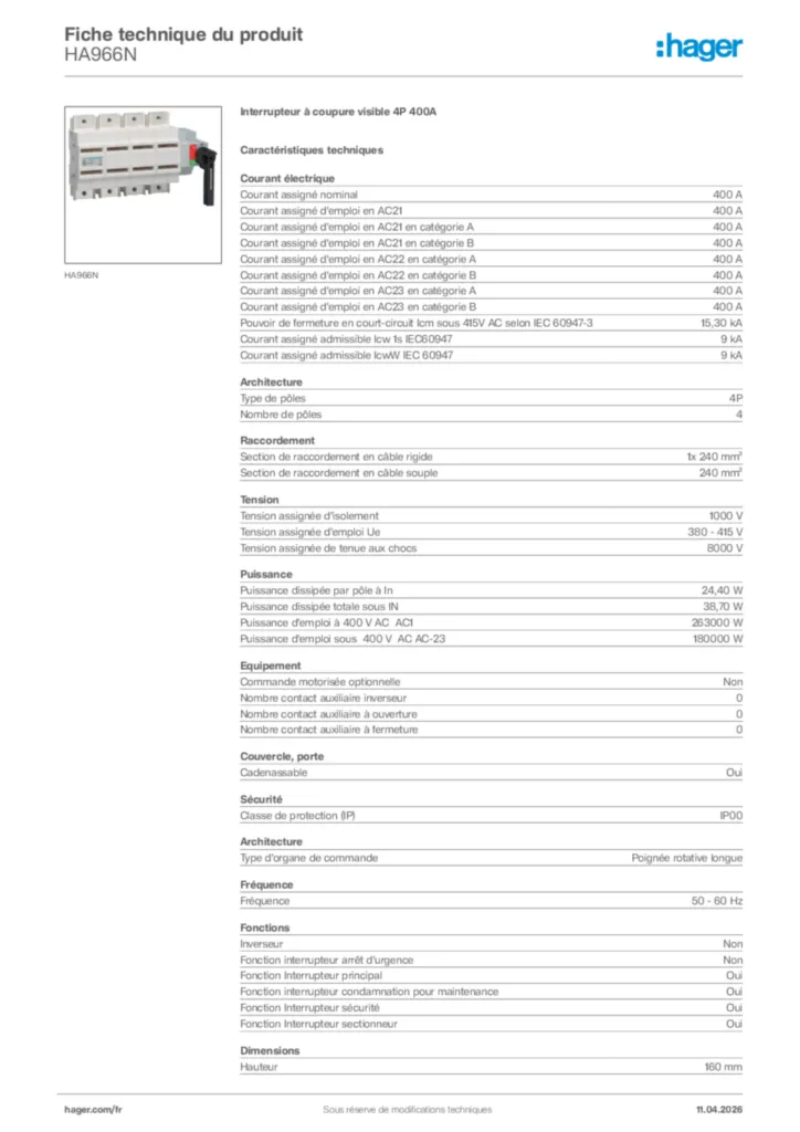 Image Hager Fiche technique du produit HA966N | Hager France