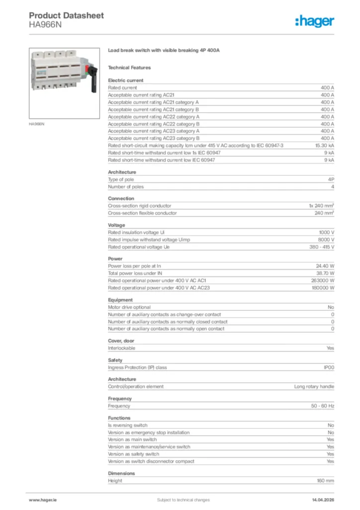 Image Hager Product data sheet HA966N  | Hager
