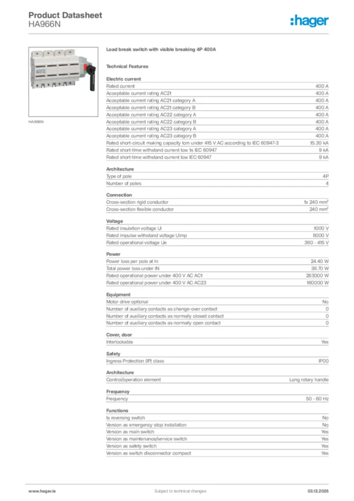 Image Hager Product data sheet HA966N  | Hager