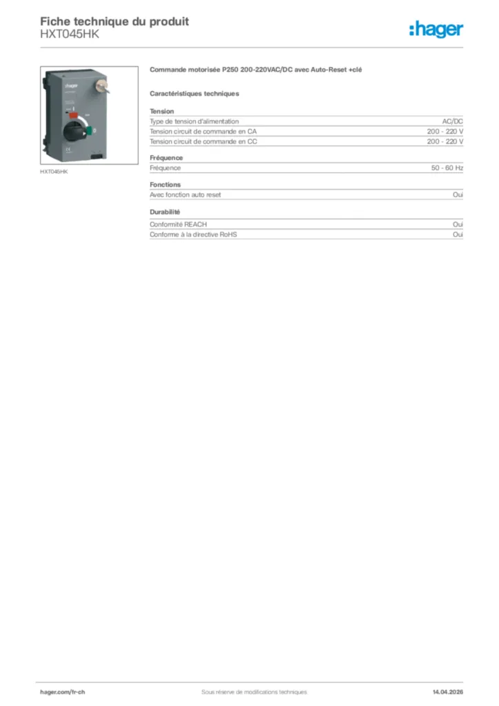 Image Hager Fiche technique du produit HXT045HK | Hager Suisse