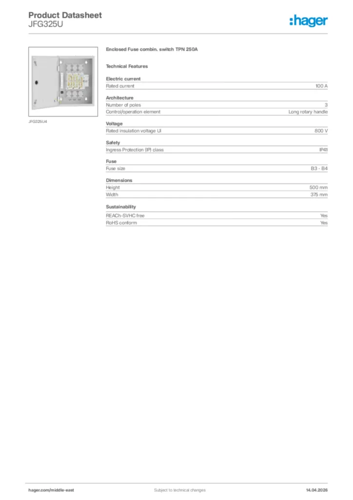 Image Hager Product data sheet JFG325U  | Hager