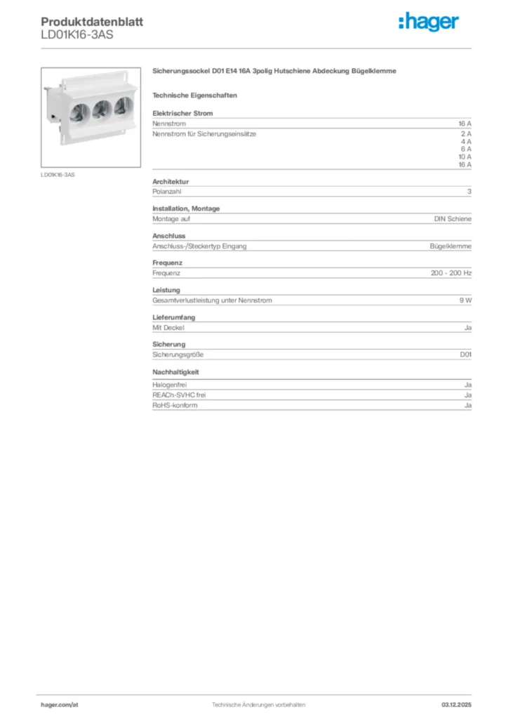 Bild Hager Produktdatenblatt LD01K16-3AS | Hager Deutschland