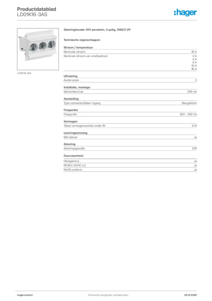 Afbeelding Hager Productdatablad LD01K16-3AS | Hager Nederland