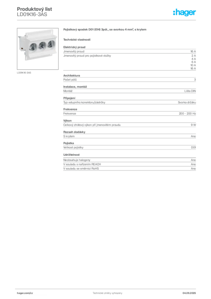 Obrázek Hager Produktový list LD01K16-3AS | Hager