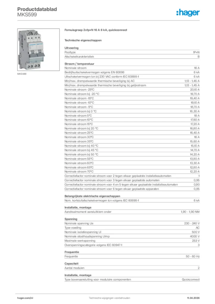 Afbeelding Hager Productdatablad MKS599 | Hager Nederland