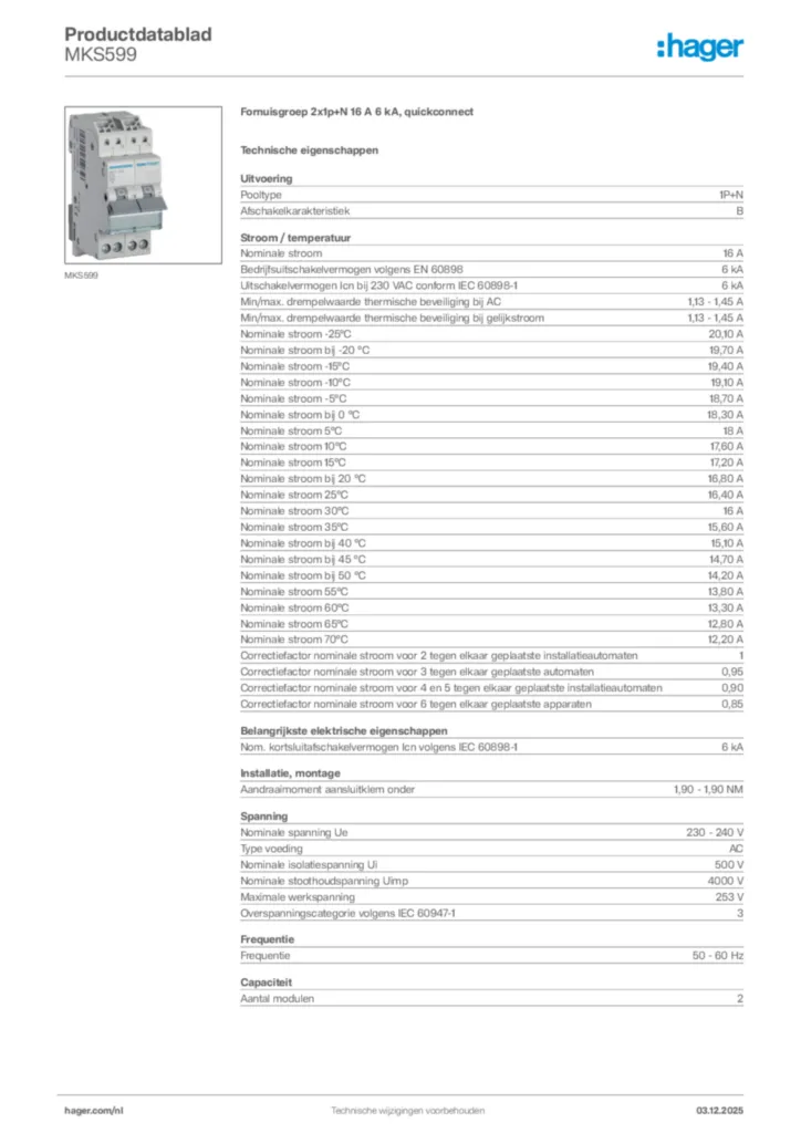Afbeelding Hager Productdatablad MKS599 | Hager Nederland