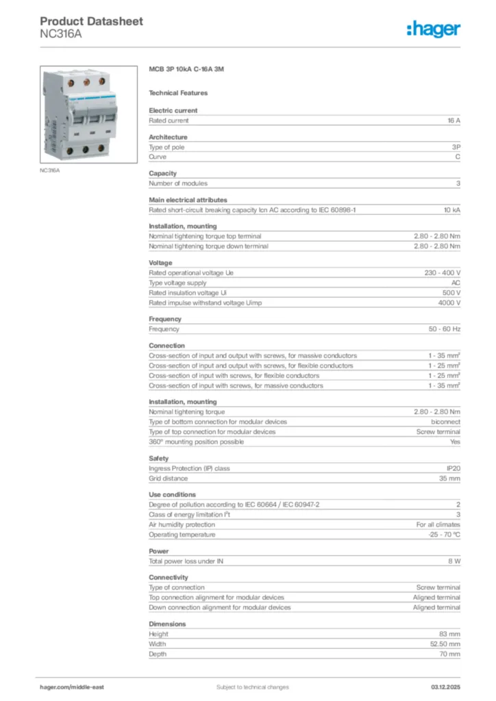 Image Hager Product data sheet NC316A  | Hager