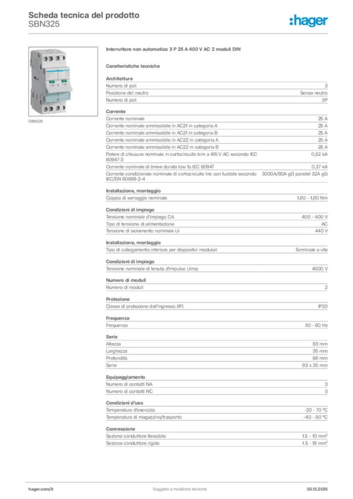 Immagine Hager Scheda tecnica del prodotto SBN325 | Hager Italia