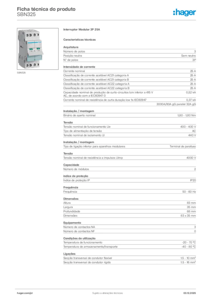 Imagem Hager Ficha técnica do produto SBN325 | Hager Portugal