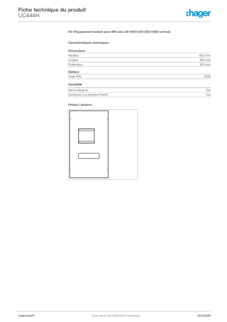 Image Hager Fiche technique du produit UC444H | Hager France