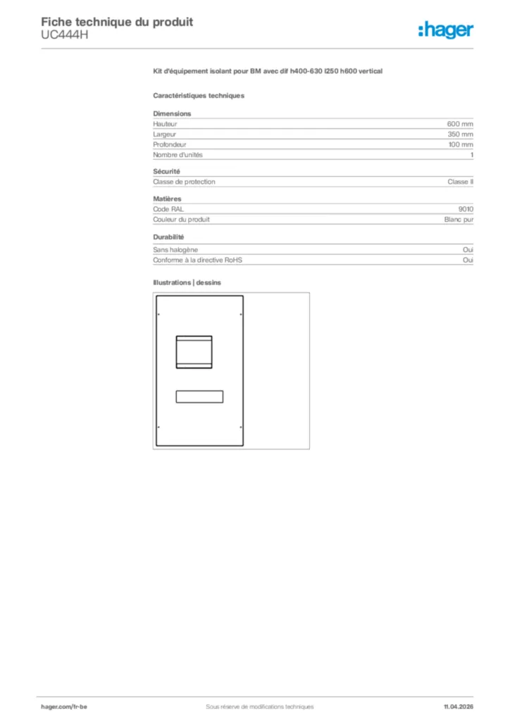 Image Hager Fiche technique du produit UC444H | Hager Belgique