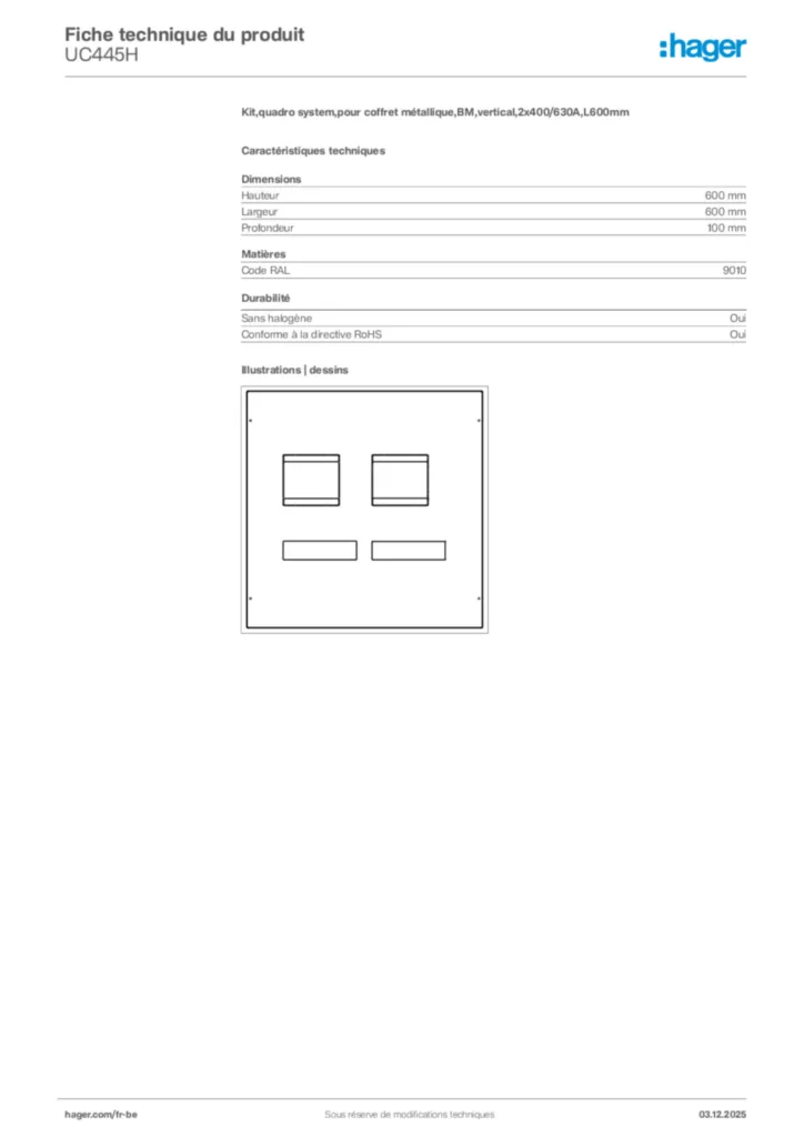 Image Hager Fiche technique du produit UC445H | Hager Belgique