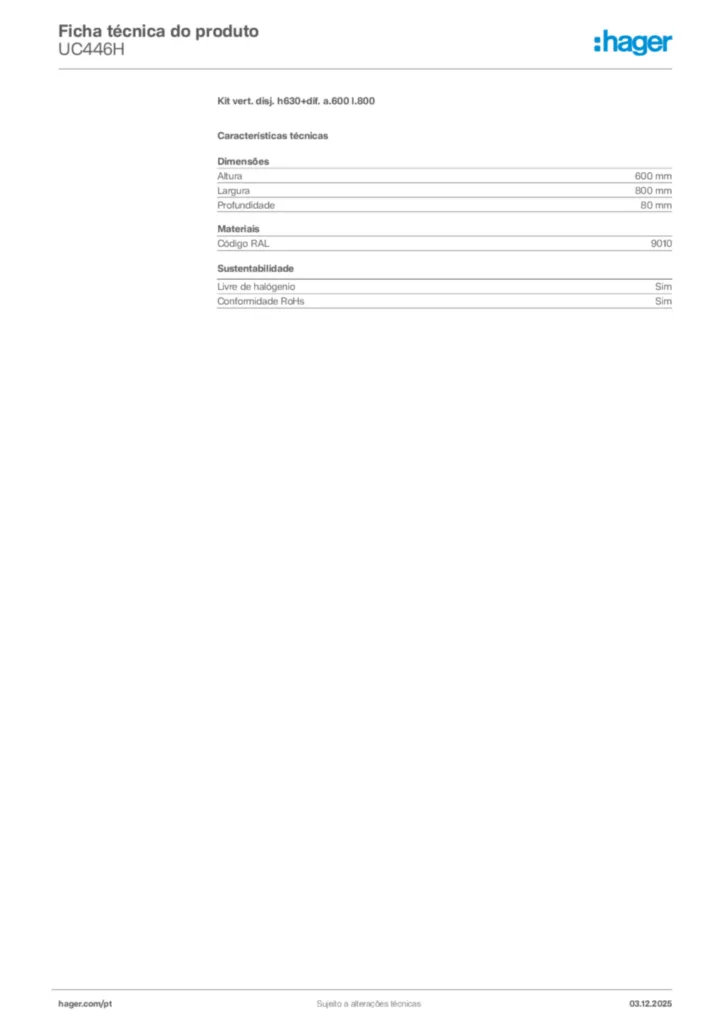 Imagem Hager Ficha técnica do produto UC446H | Hager Portugal