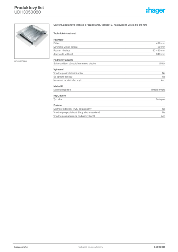 Obrázek Hager Produktový list UDH3050080 | Hager
