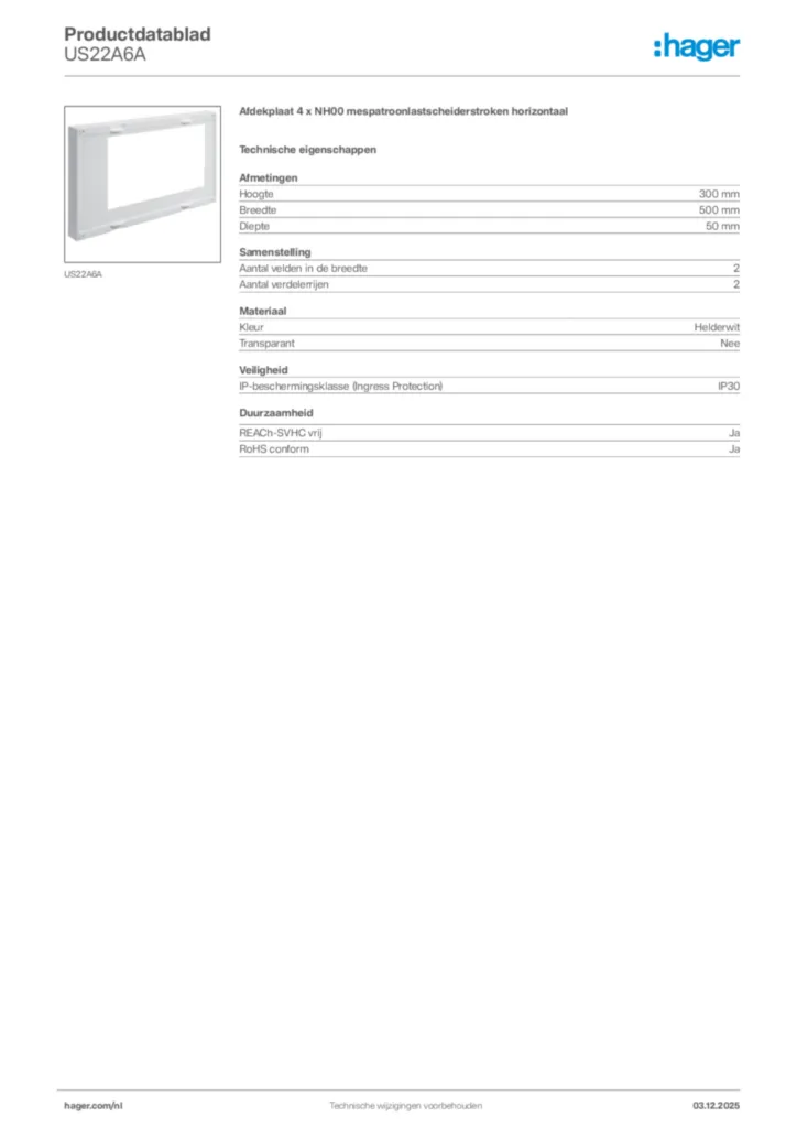 Afbeelding Hager Productdatablad US22A6A | Hager Nederland