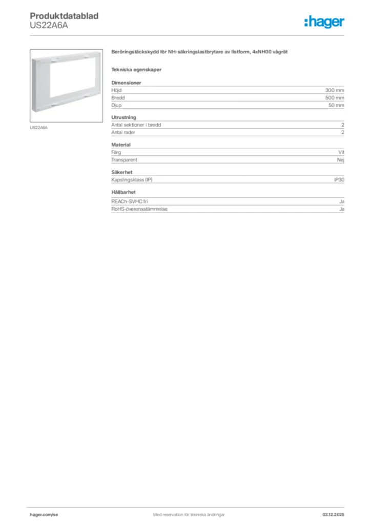 Bild Hager Produktdatablad US22A6A | Hager Sverige