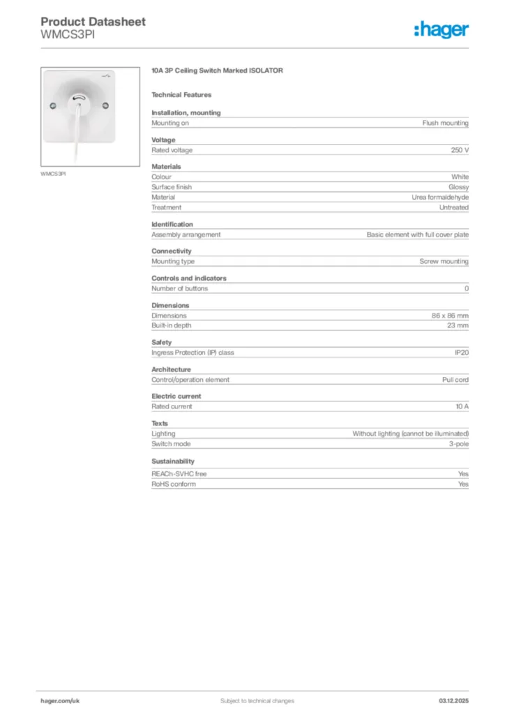 Image Hager Product data sheet WMCS3PI  | Hager