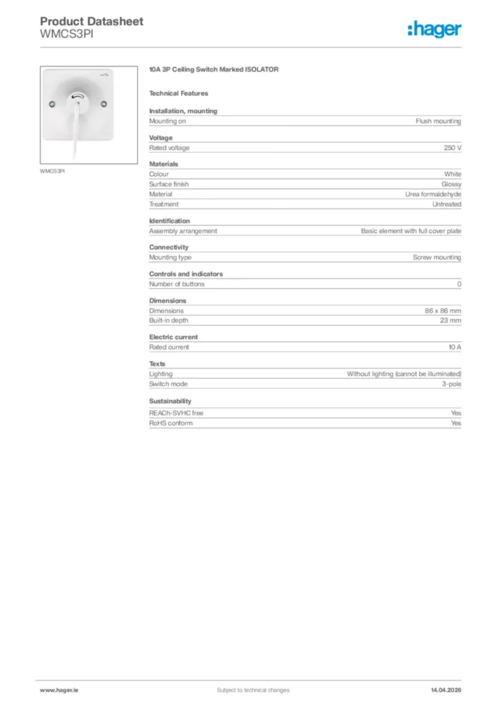 Image Hager Product data sheet WMCS3PI  | Hager