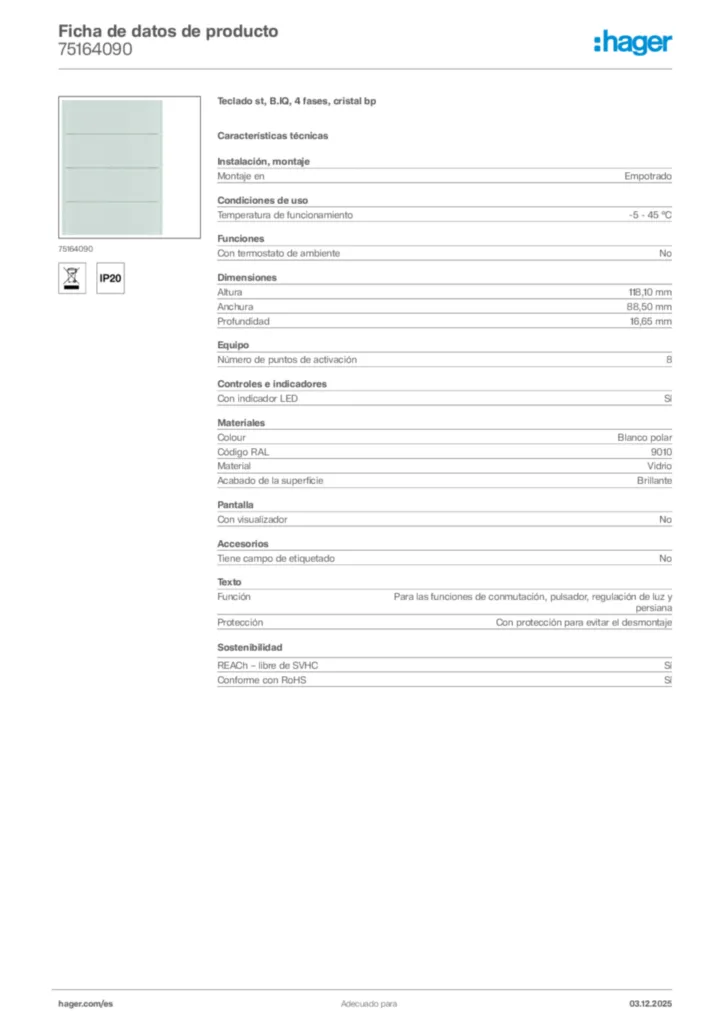 Imagen Hager Ficha de datos de producto 75164090 | Hager España