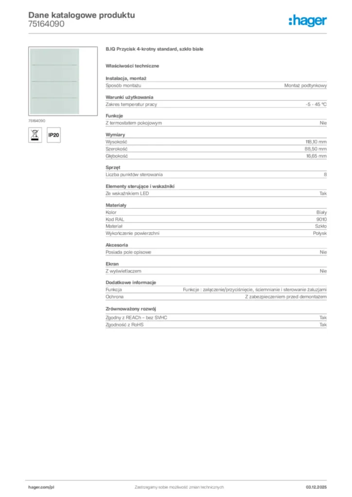 Zdjęcie Hager Dane katalogowe produktu 75164090 | Hager Polska