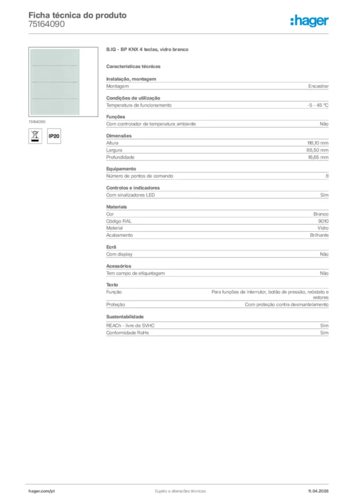 Imagem Hager Ficha técnica do produto 75164090 | Hager Portugal