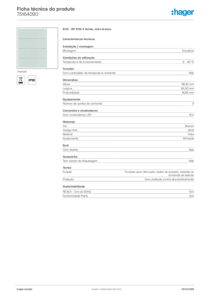 Imagem Hager Ficha técnica do produto 75164090 | Hager Portugal