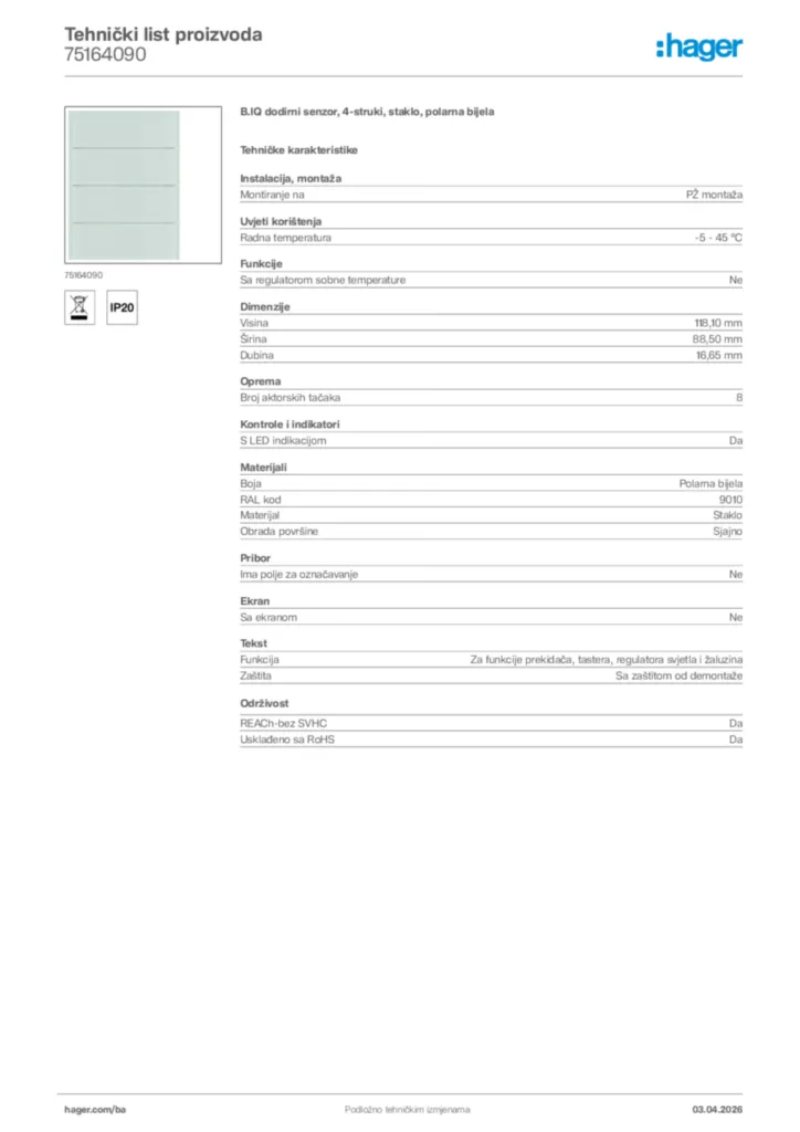 Slika Hager Tehnički list proizvoda 75164090  | Hager