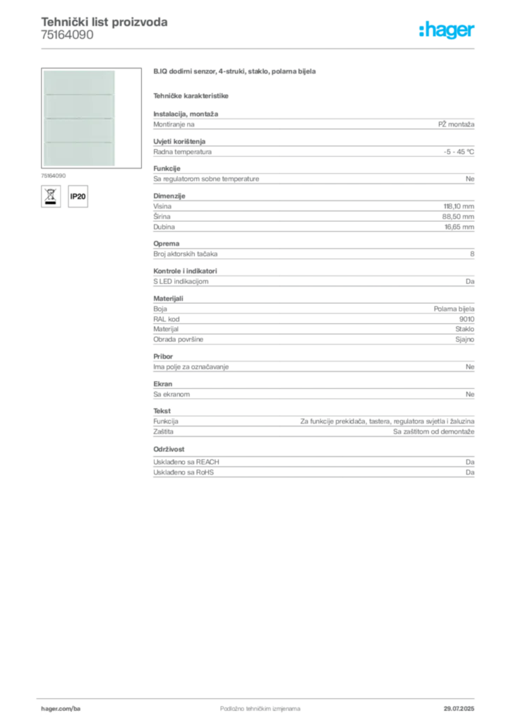 Slika Hager Product data sheet 75164090  | Hager