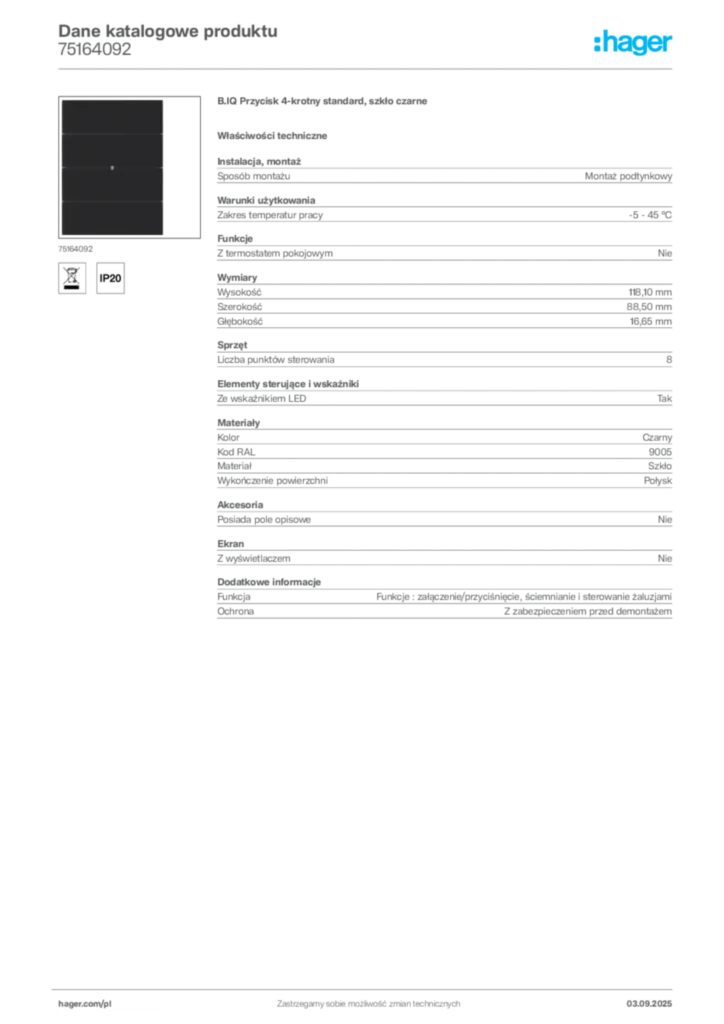Zdjęcie Hager Dane katalogowe produktu 75164092 | Hager Polska
