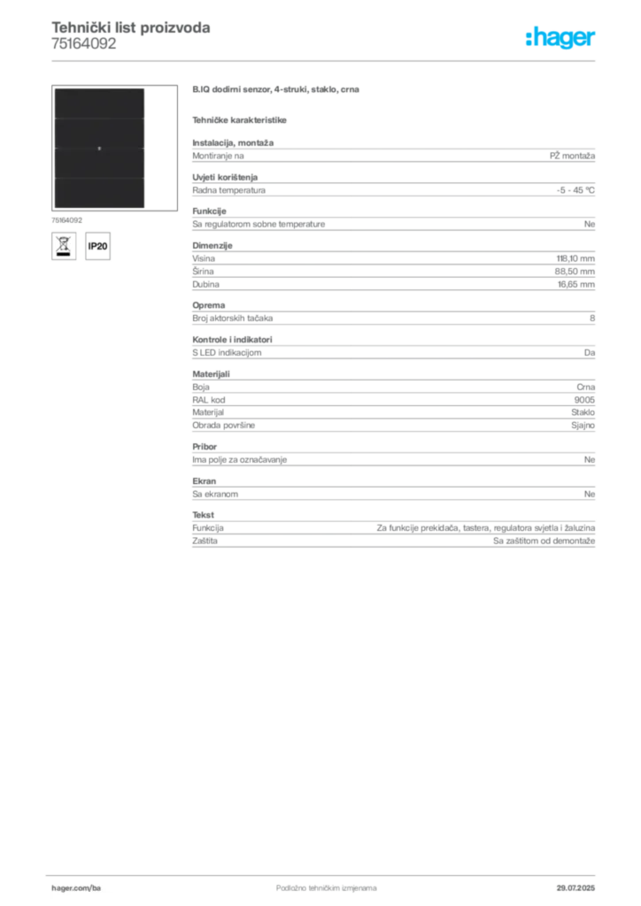 Slika Hager Product data sheet 75164092  | Hager