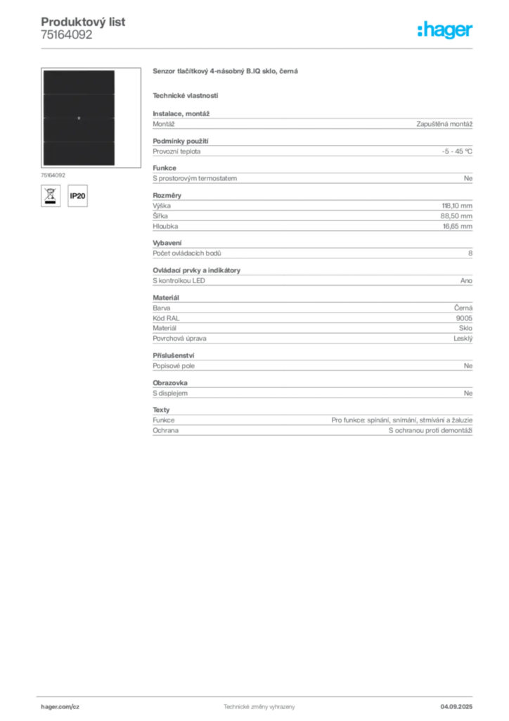 Obrázek Hager Produktový list 75164092 | Hager