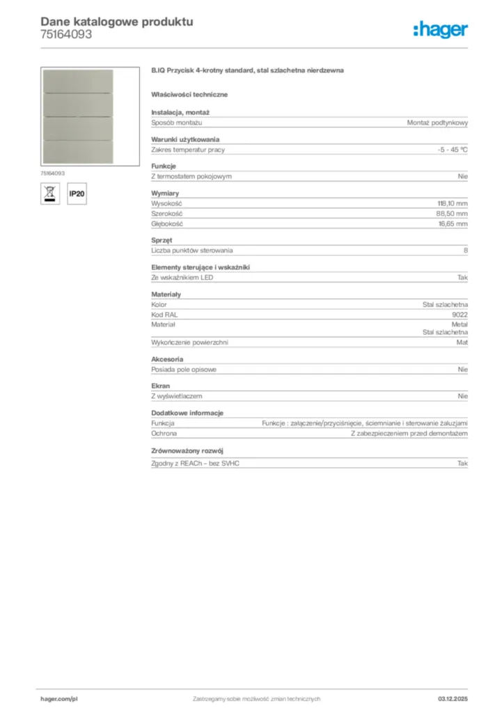 Zdjęcie Hager Dane katalogowe produktu 75164093 | Hager Polska