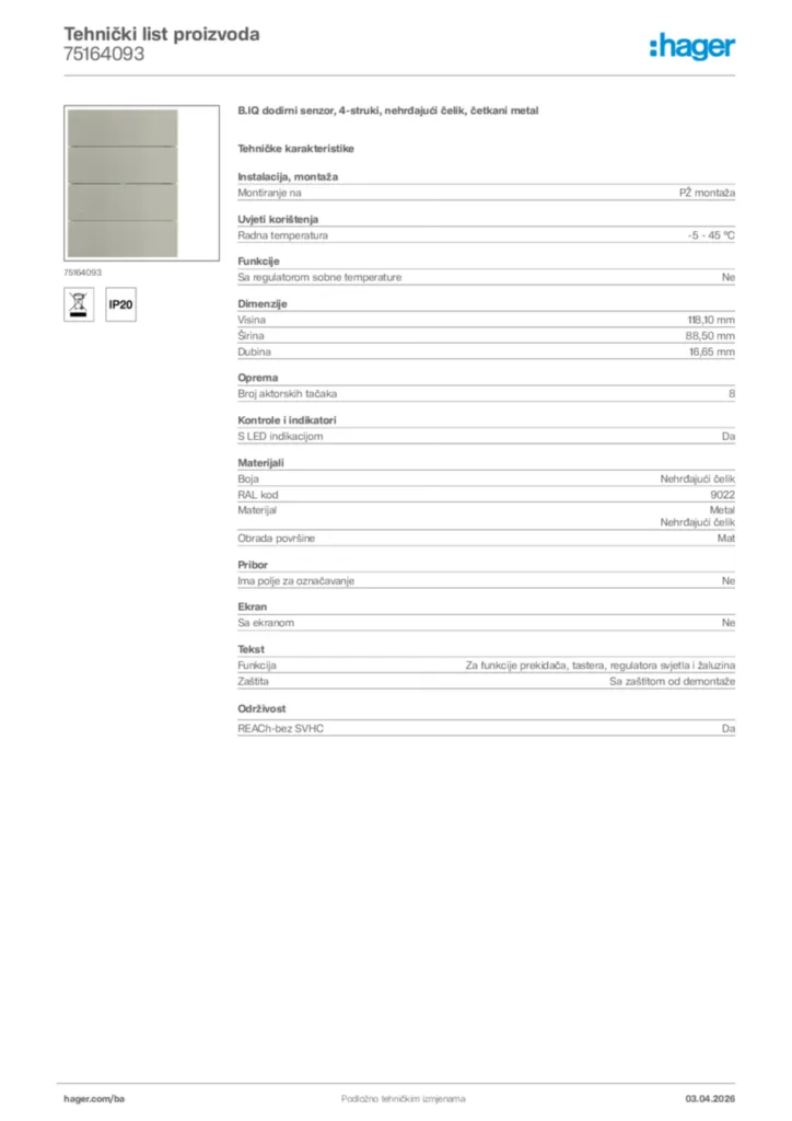 Slika Hager Tehnički list proizvoda 75164093  | Hager