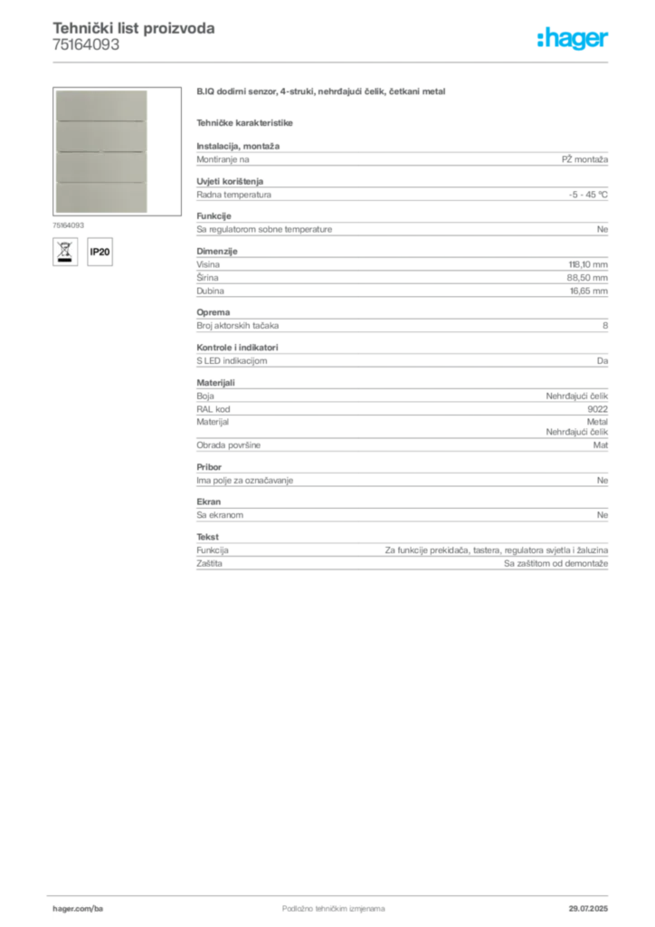 Slika Hager Product data sheet 75164093  | Hager