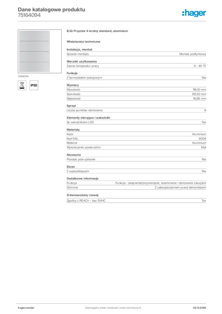 Zdjęcie Hager Dane katalogowe produktu 75164094 | Hager Polska