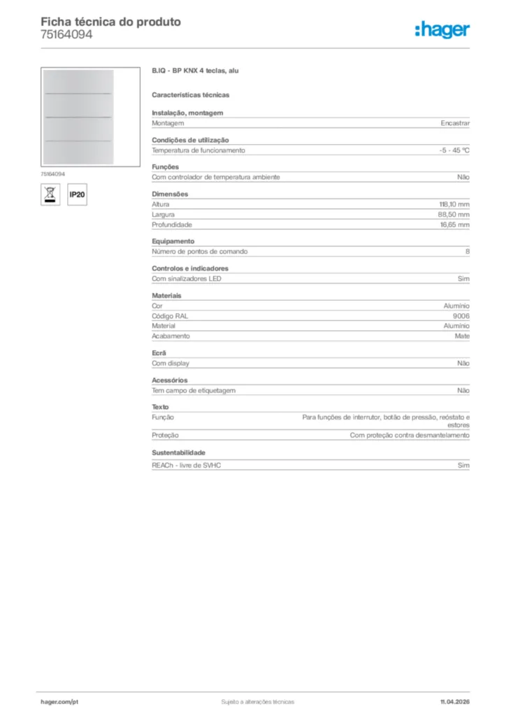 Imagem Hager Ficha técnica do produto 75164094 | Hager Portugal