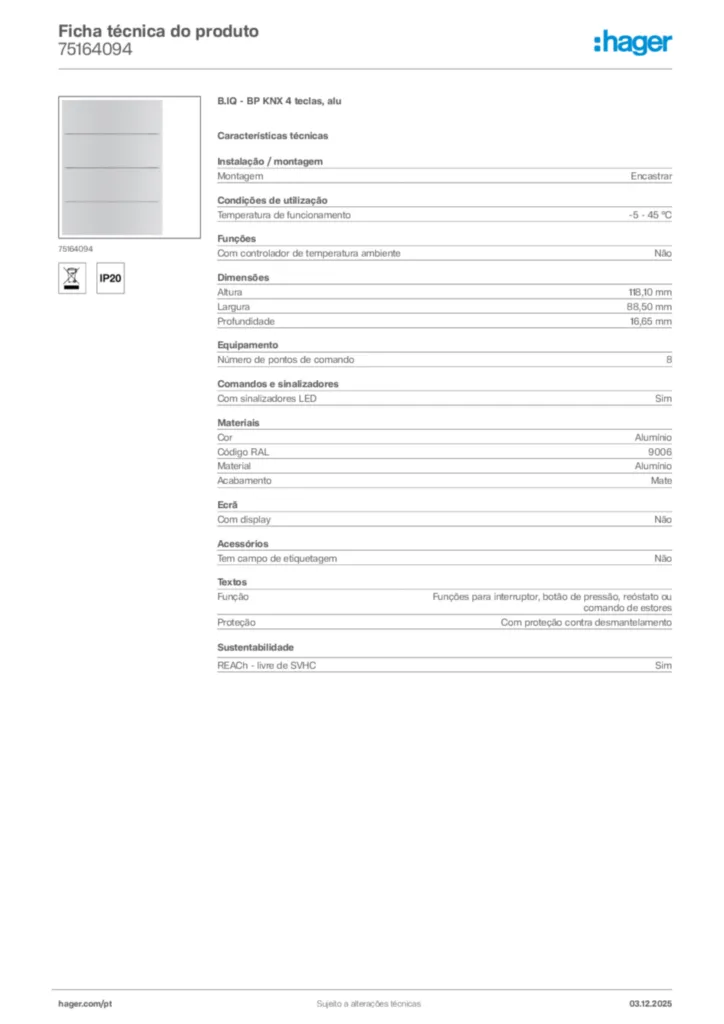 Imagem Hager Ficha técnica do produto 75164094 | Hager Portugal