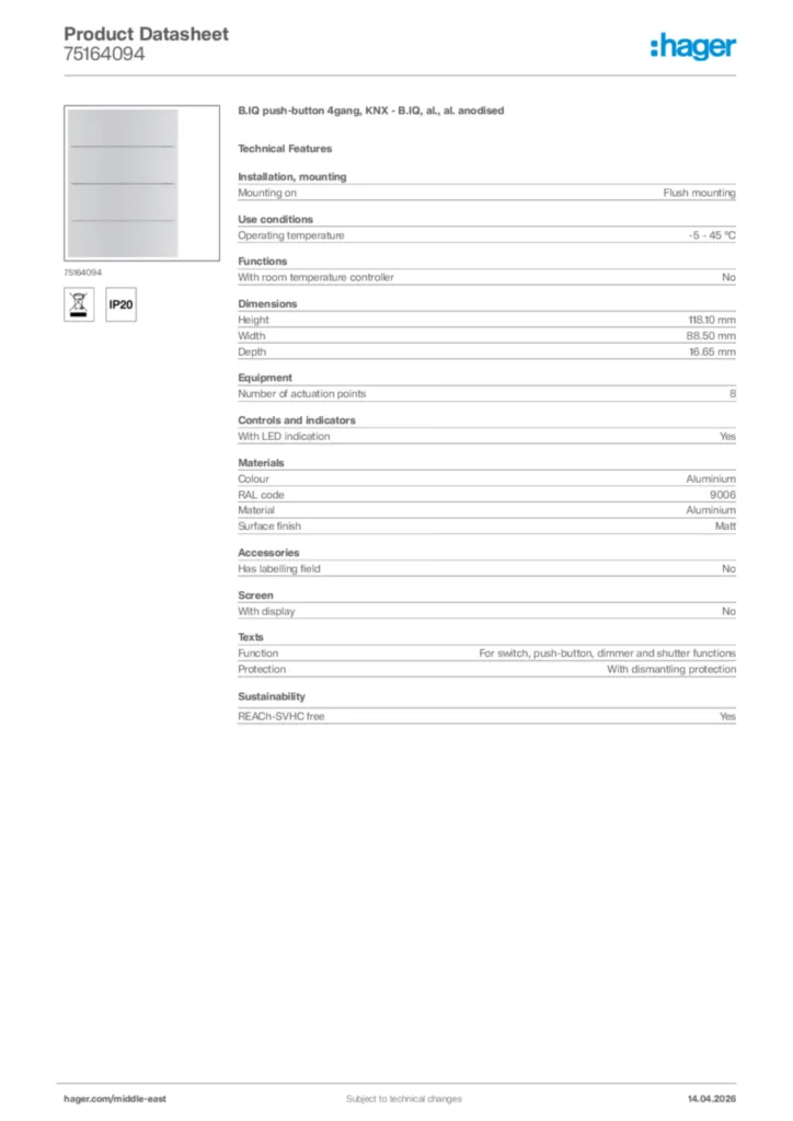 Image Hager Product data sheet 75164094  | Hager