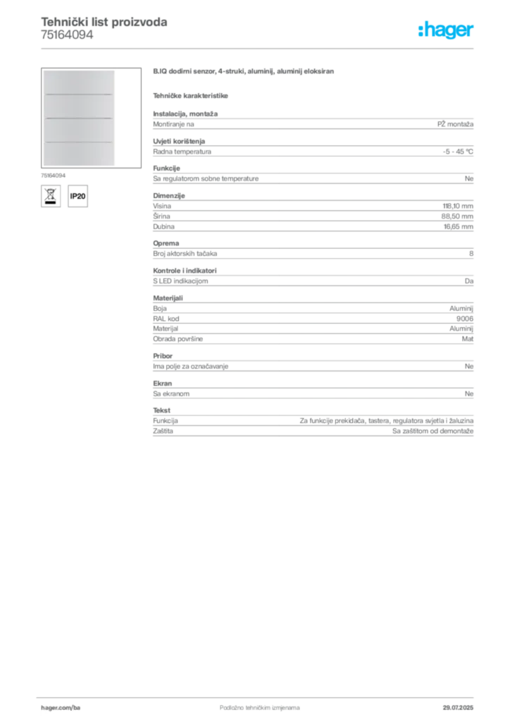 Slika Hager Product data sheet 75164094  | Hager