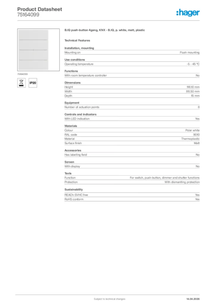 Image Hager Product data sheet 75164099  | Hager Africa